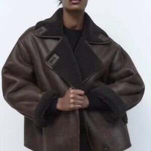 Zara Dark Brown Shearling Jacket Size M